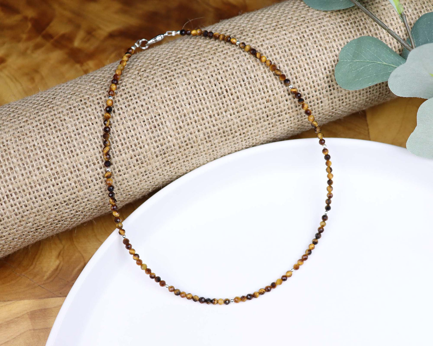 Tiger's Eye 3mm Faceted Beaded Choker, Bracelet, Natural Gemstones