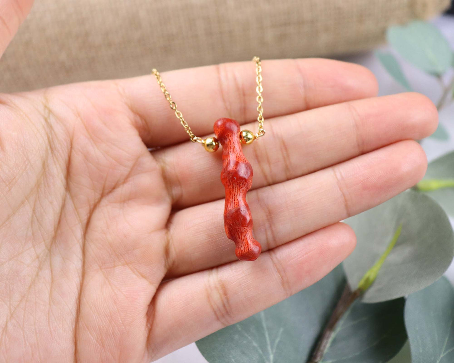 Red Coral Pendant Chain Necklace, Gold Chain Choker, Natural Gemstones