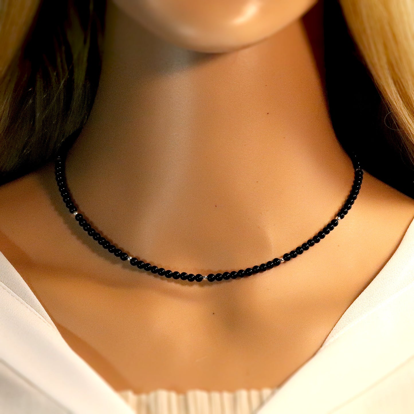 Black Onyx 3mm Round Beaded Choker, Bracelet, Natural Gemstones