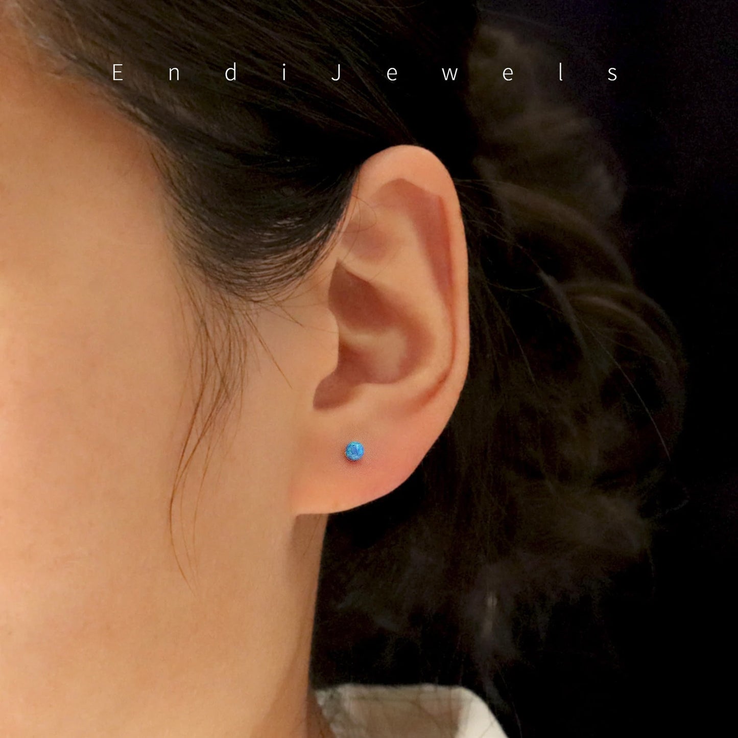 Blue Opal Tiny 3mm Beaded Stud Earring, Natural Gemstones, 925 Sterling Silver, Minimalist Style