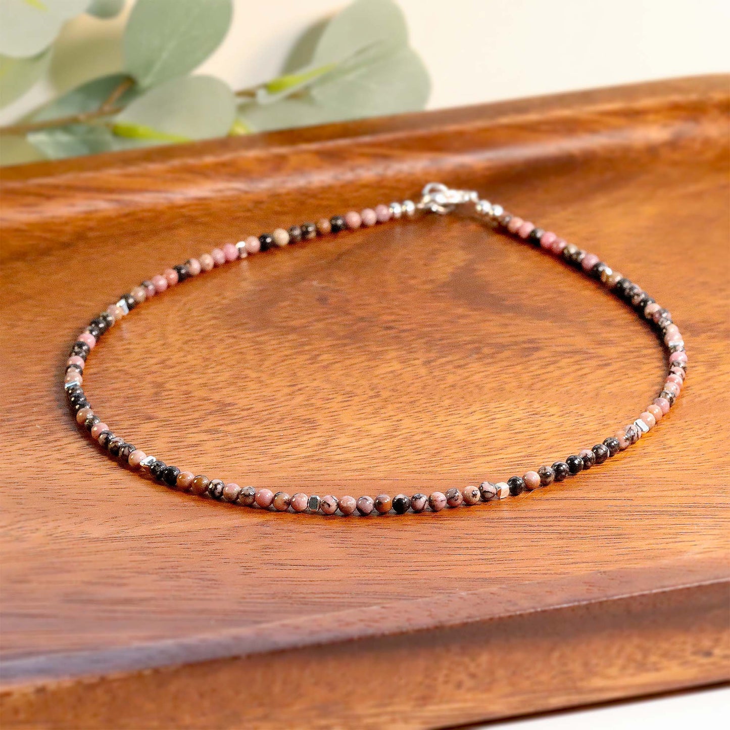 Rhodonite 3mm Round Beaded Choker, Bracelet, Natural Gemstones