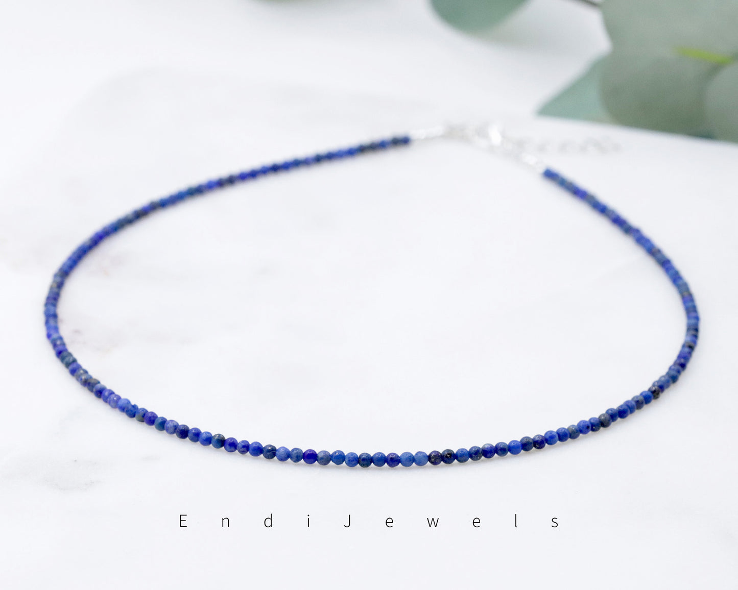 Lapis Lazuli 2mm Round Beaded Choker, Natural Gemstones, Tiny Beaded Necklace