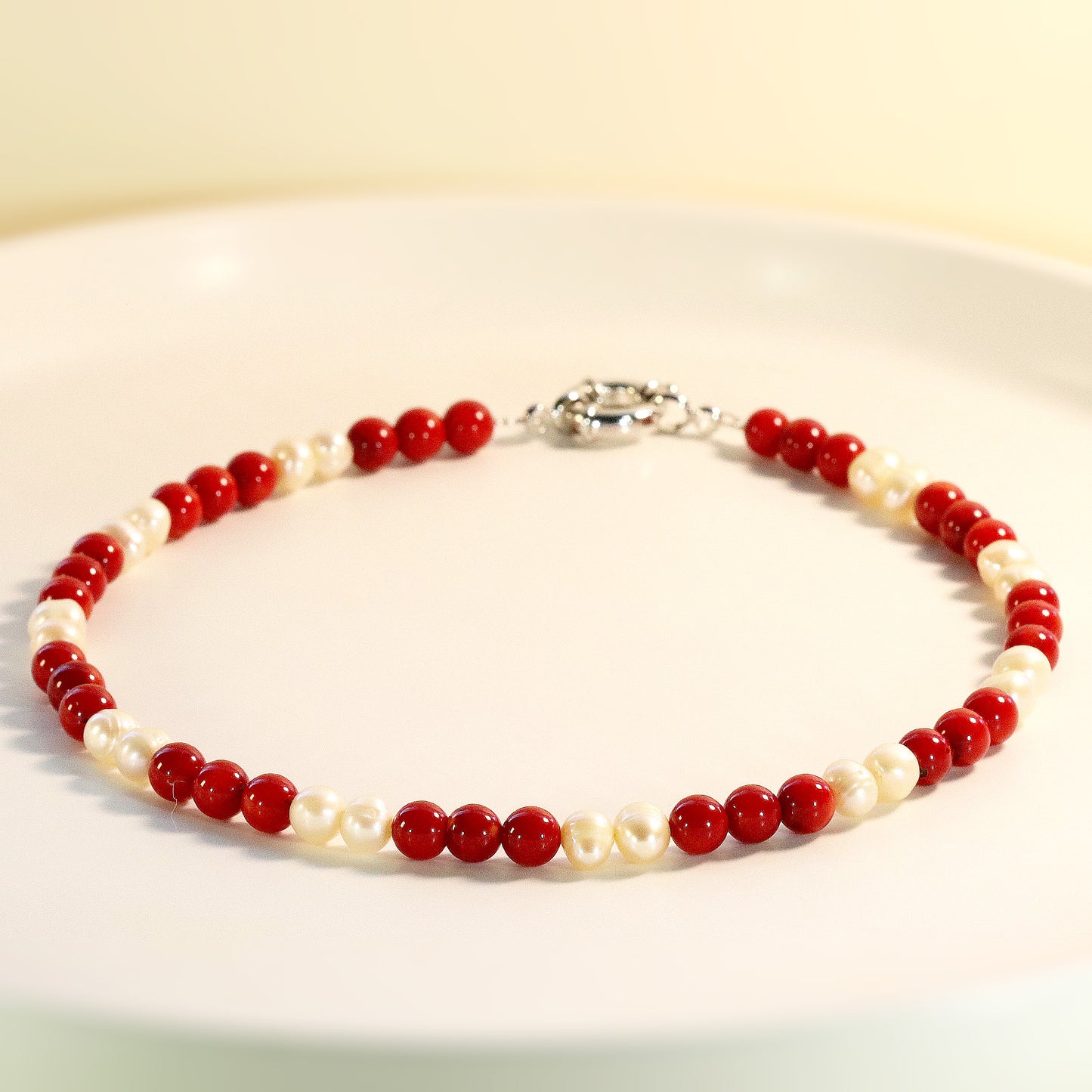 Red Coral and White Pearl 6mm Beaded Necklace