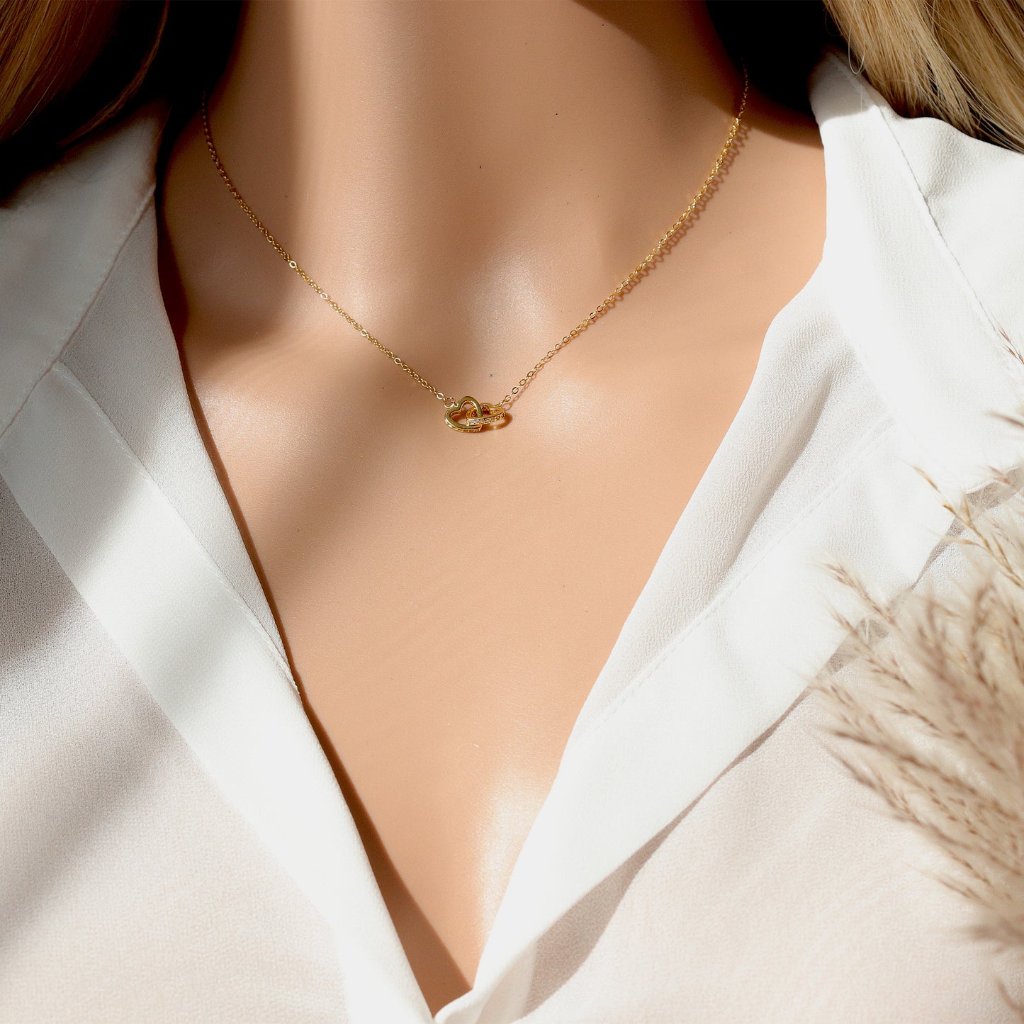 Two Hearts Dainty Gold Chain Choker, 925 Sterling Silver 18K Chain, Minimalist Style