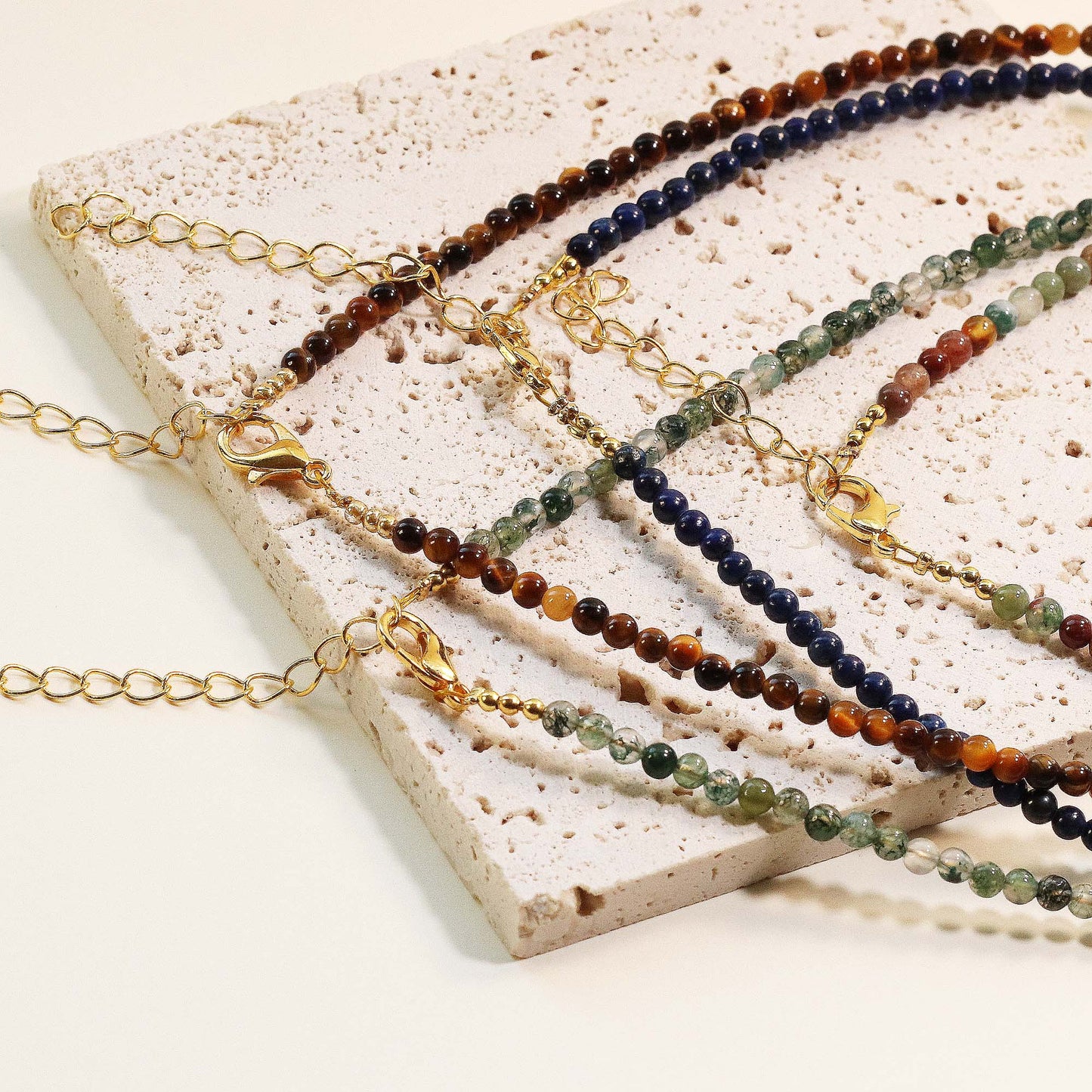 Natural Gemstone Beaded Choker with Cross Pendant, 3mm Beads, Moss Agate, Indian Jasper, Lapis Lazuli, Tiger's Eye