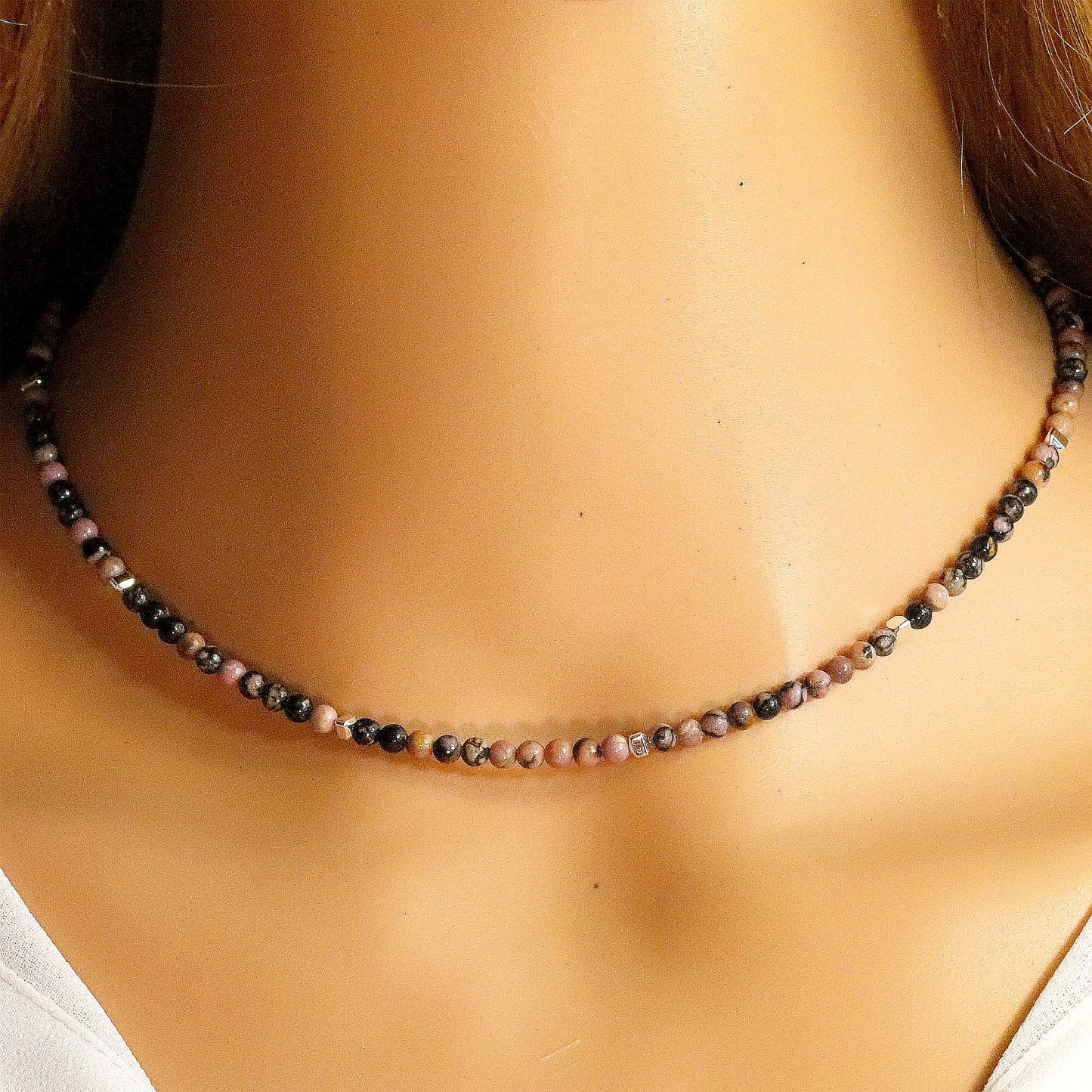 Rhodonite 3mm Round Beaded Choker, Bracelet, Natural Gemstones