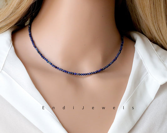 Lapis Lazuli 3mm Faceted Beaded Choker, Bracelet, Natural Blue Gemstones AA Lapis Beads