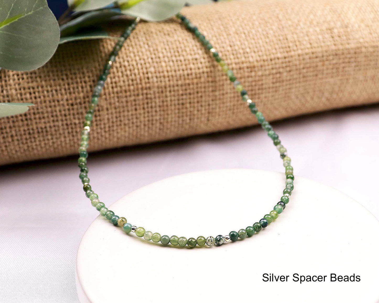 Moss Agate 3mm Round Beaded Choker, Bracelet, Natural Green Gemstones