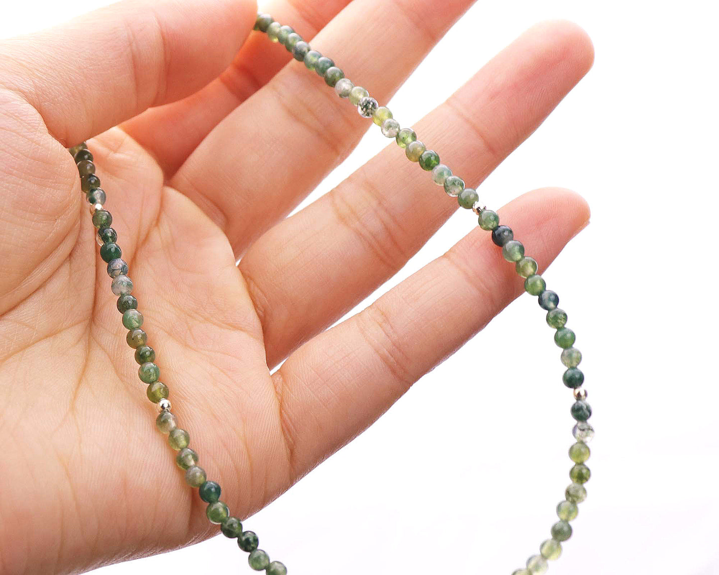 Moss Agate 3mm Round Beaded Choker, Bracelet, Natural Green Gemstones