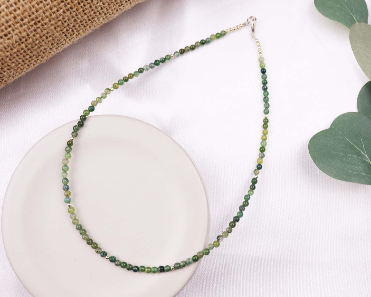 Moss Agate 3mm Round Beaded Choker, Bracelet, Natural Green Gemstones