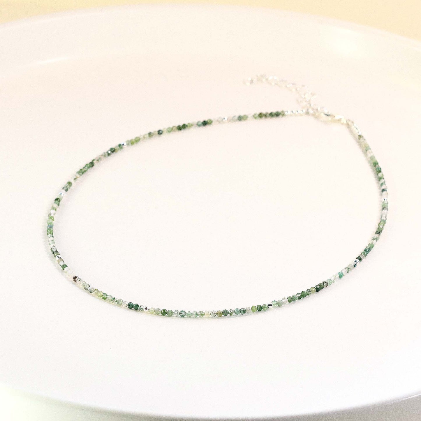 Moss Agate 2mm Round Beaded Choker, Bracelet, Natural Gemstones