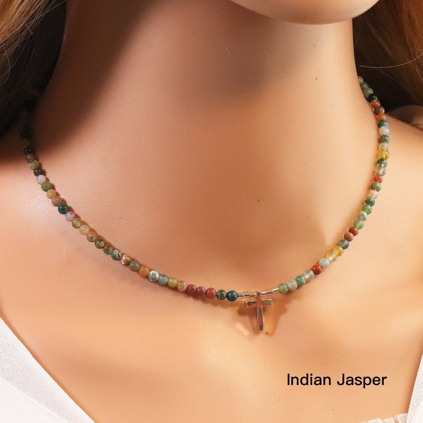 Natural Gemstone Beaded Choker with Cross Pendant, 3mm Beads, Moss Agate, Indian Jasper, Lapis Lazuli, Tiger's Eye