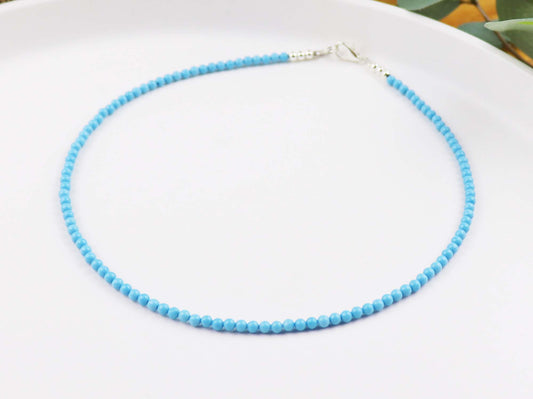 Blue Turquoise 3mm Round Beaded Choker, Bracelet, Natural Gemstones