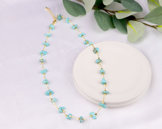 Blue Turquoise Irregular Chips Gold Chain Choker, Natural Gemstones