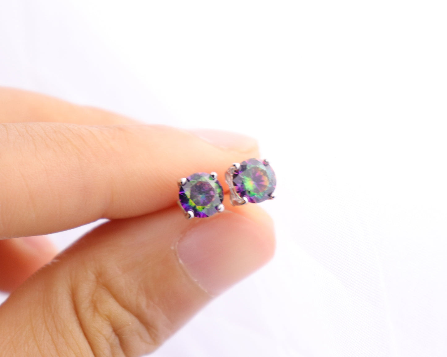 Black Mystic Cubic Zirconia Solitaire Stud Earrings Sterling Silver, Gemstone Earrings