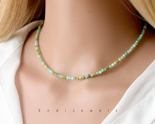 Green Opal 3mm Faceted Beaded Choker, Bracelet, Natural Gemstones