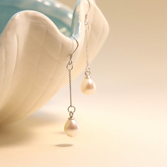 White Freshwater Pearl 8mm Oval-shaped Drop Dangle Earrings, 925 Sterling Silver, Daily Wearing