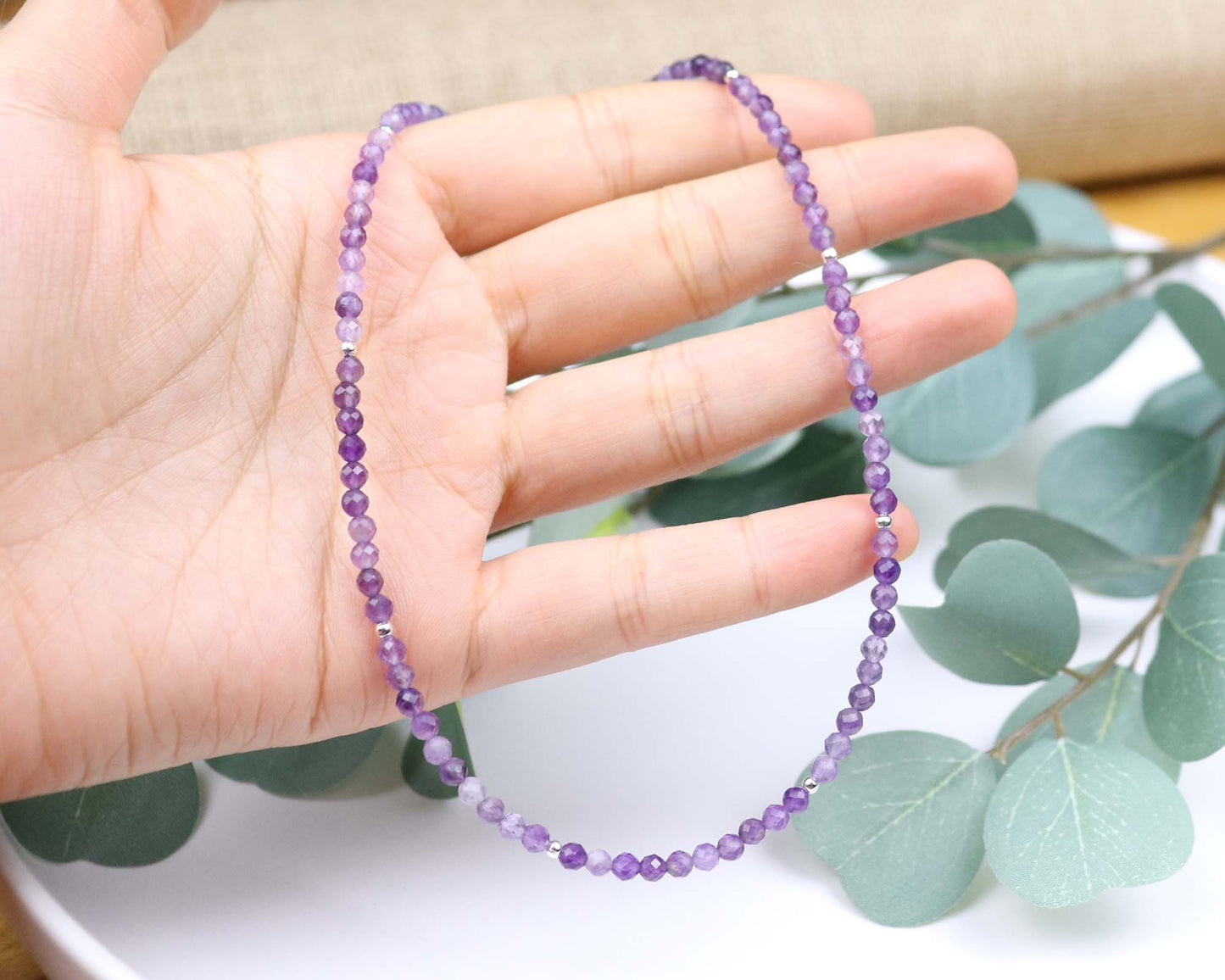 Amethyst 3mm Faceted Beaded Choker, Bracelet, Natural Gemstones