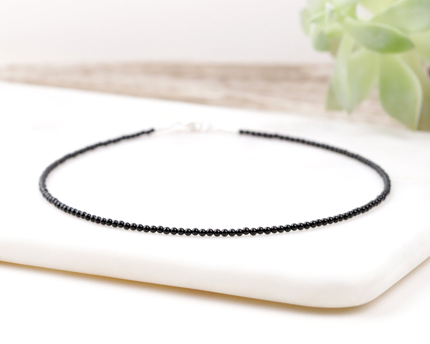 Black Spinel 2mm Round Beaded Choker, Bracelet, Natural Gemstone Beads