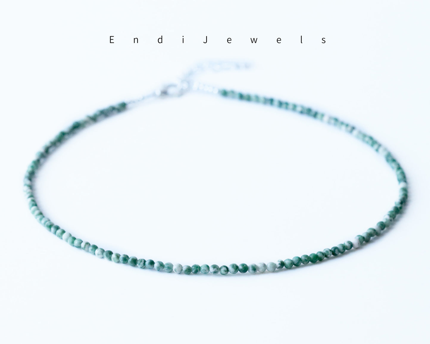 Green Spots 3mm Round Beaded Choker, Bracelet, Natural Gemstones