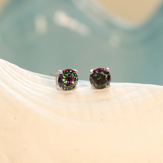 Black Mystic Cubic Zirconia Solitaire Stud Earrings Sterling Silver, Gemstone Earrings