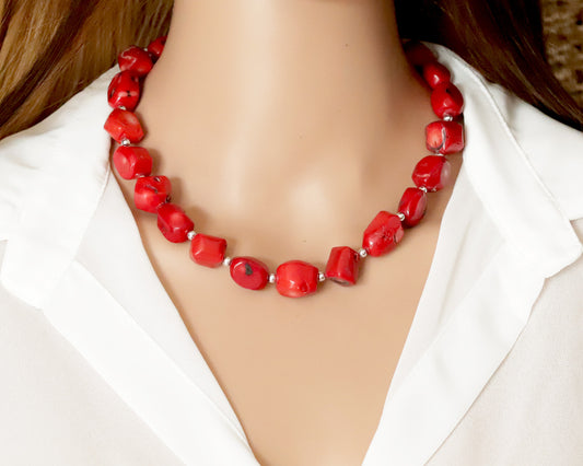 Red Coral Large Beaded Necklace, Bracelet, Natural Gemstones, Handmade Necklace