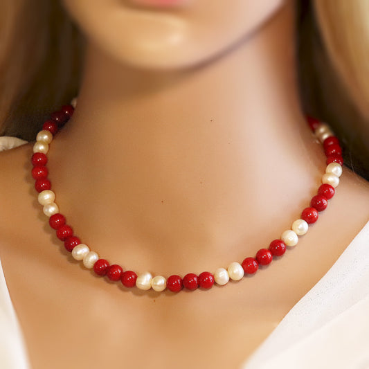 Red Coral and White Pearl 6mm Beaded Necklace