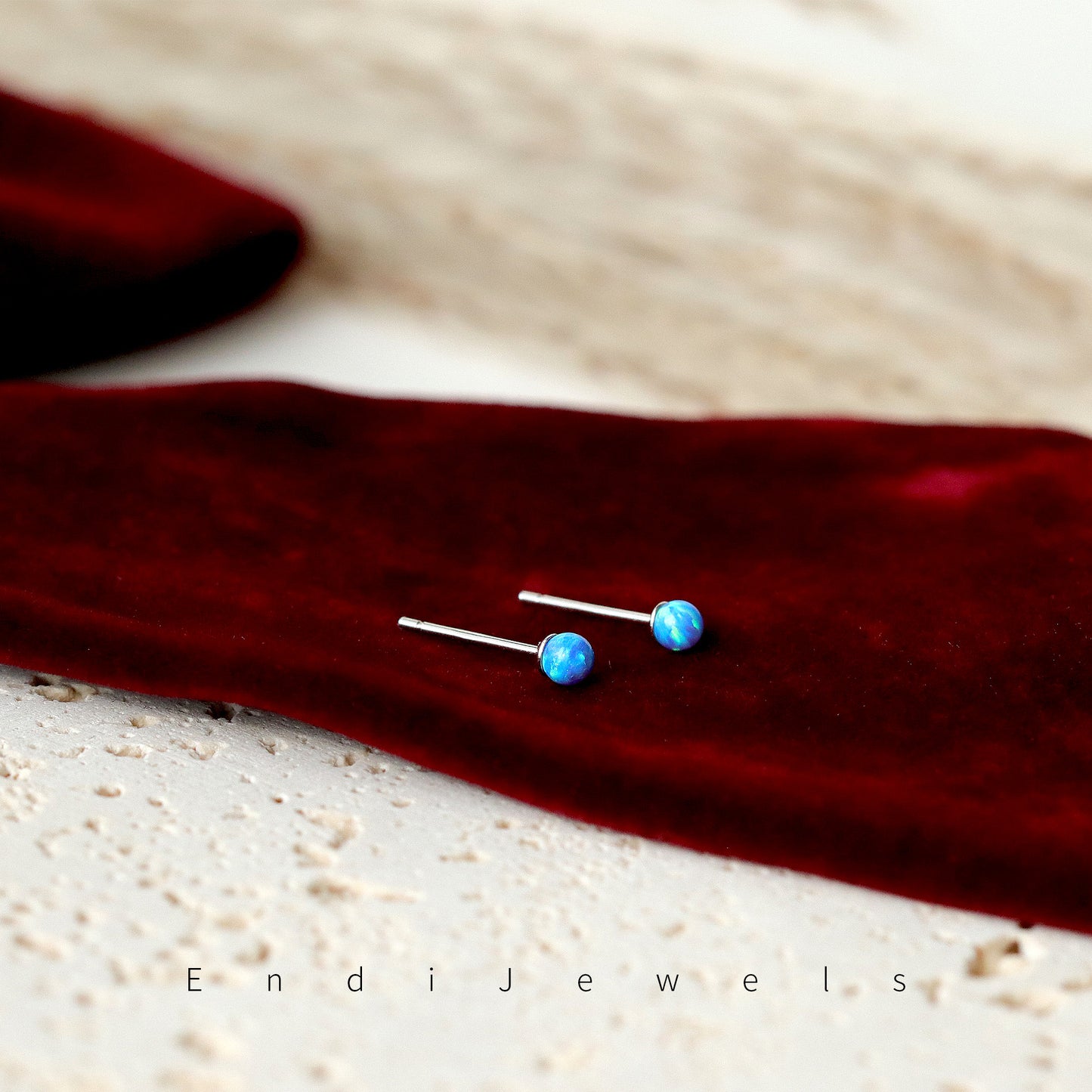 Blue Opal Tiny 3mm Beaded Stud Earring, Natural Gemstones, 925 Sterling Silver, Minimalist Style