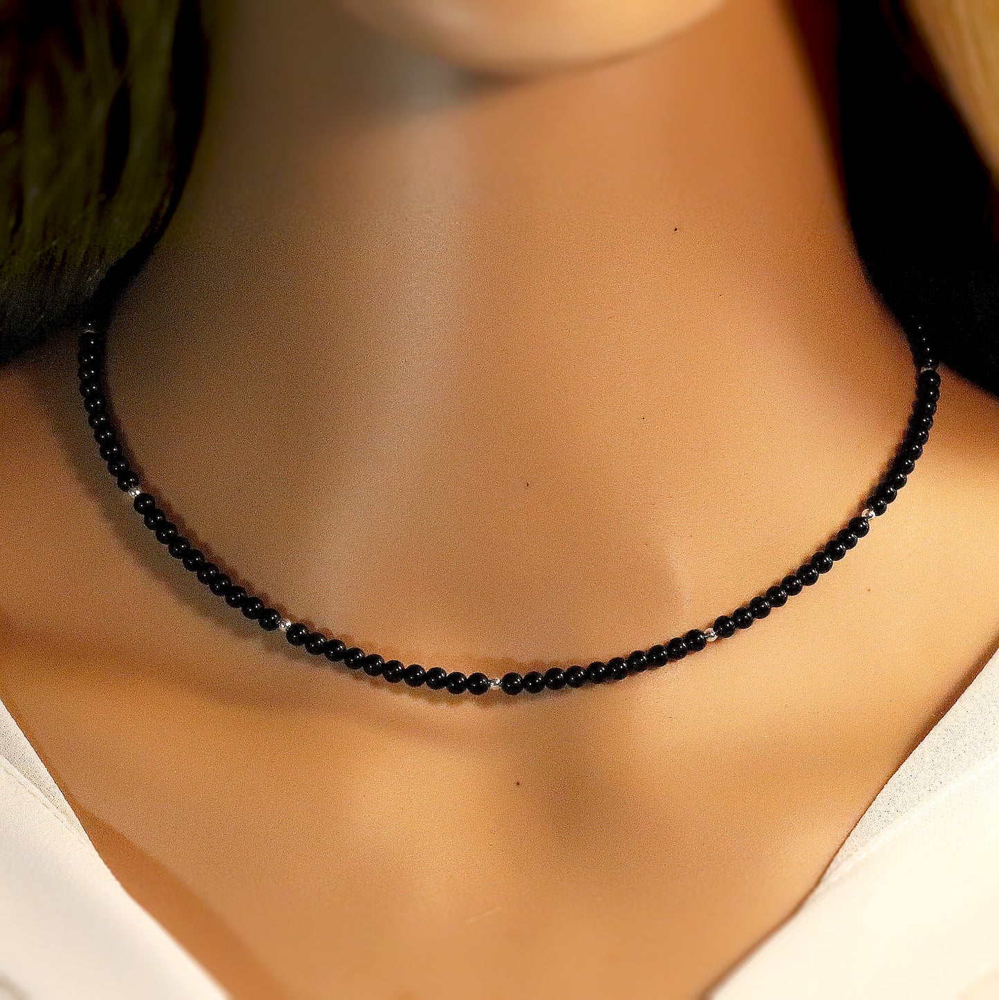 Black Onyx 3mm Round Beaded Choker, Bracelet, Natural Gemstones