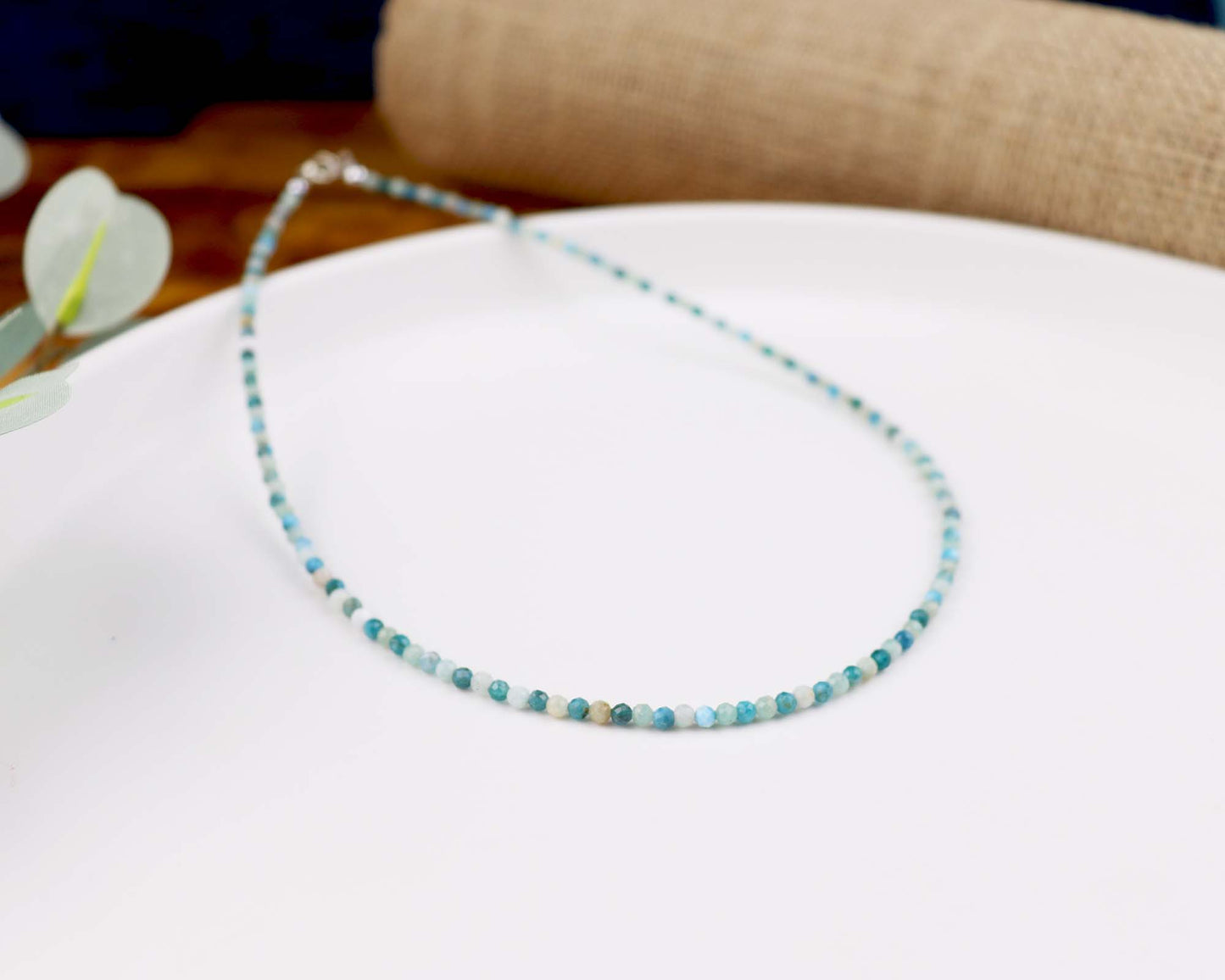 Amazonite and Apatite Crystal 3mm Faceted Beaded Choker, Bracelet, Natural Blue Gemstones