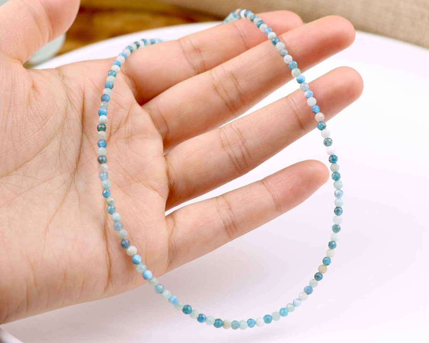 Amazonite and Apatite Crystal 3mm Faceted Beaded Choker, Bracelet, Natural Blue Gemstones