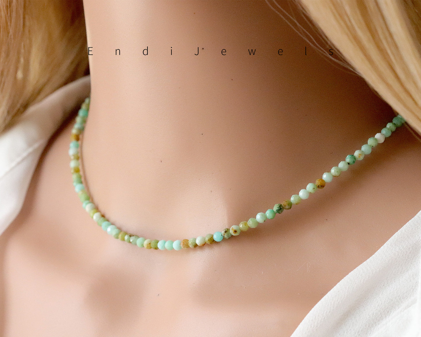 Green Opal 3mm Faceted Beaded Choker, Bracelet, Natural Gemstones