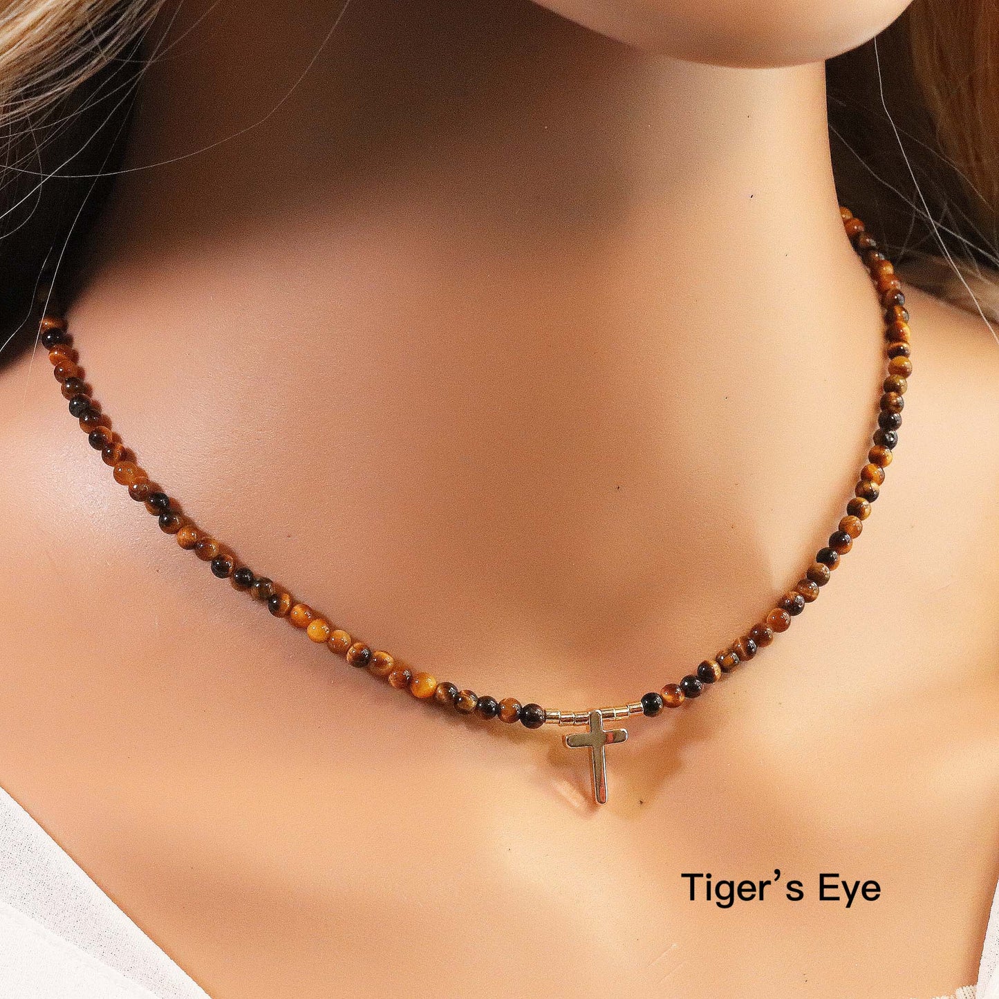 Natural Gemstone Beaded Choker with Cross Pendant, 3mm Beads, Moss Agate, Indian Jasper, Lapis Lazuli, Tiger's Eye