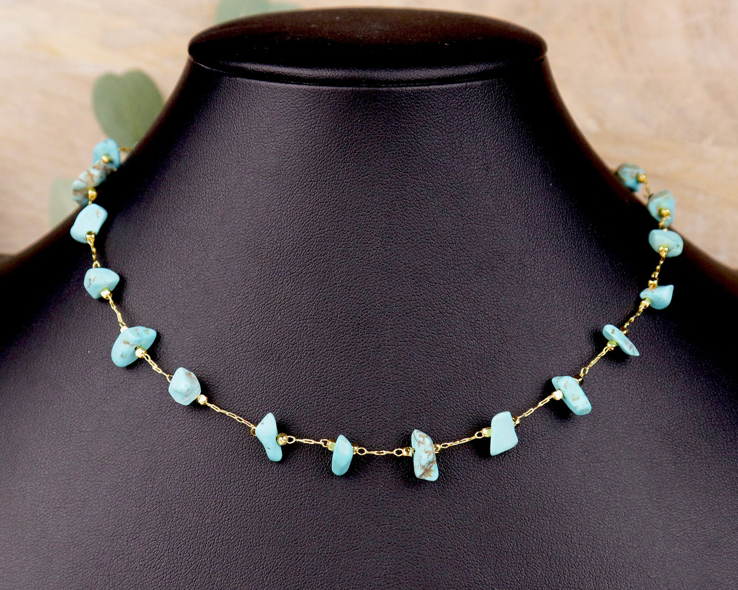 Blue Turquoise Irregular Chips Gold Chain Choker, Natural Gemstones