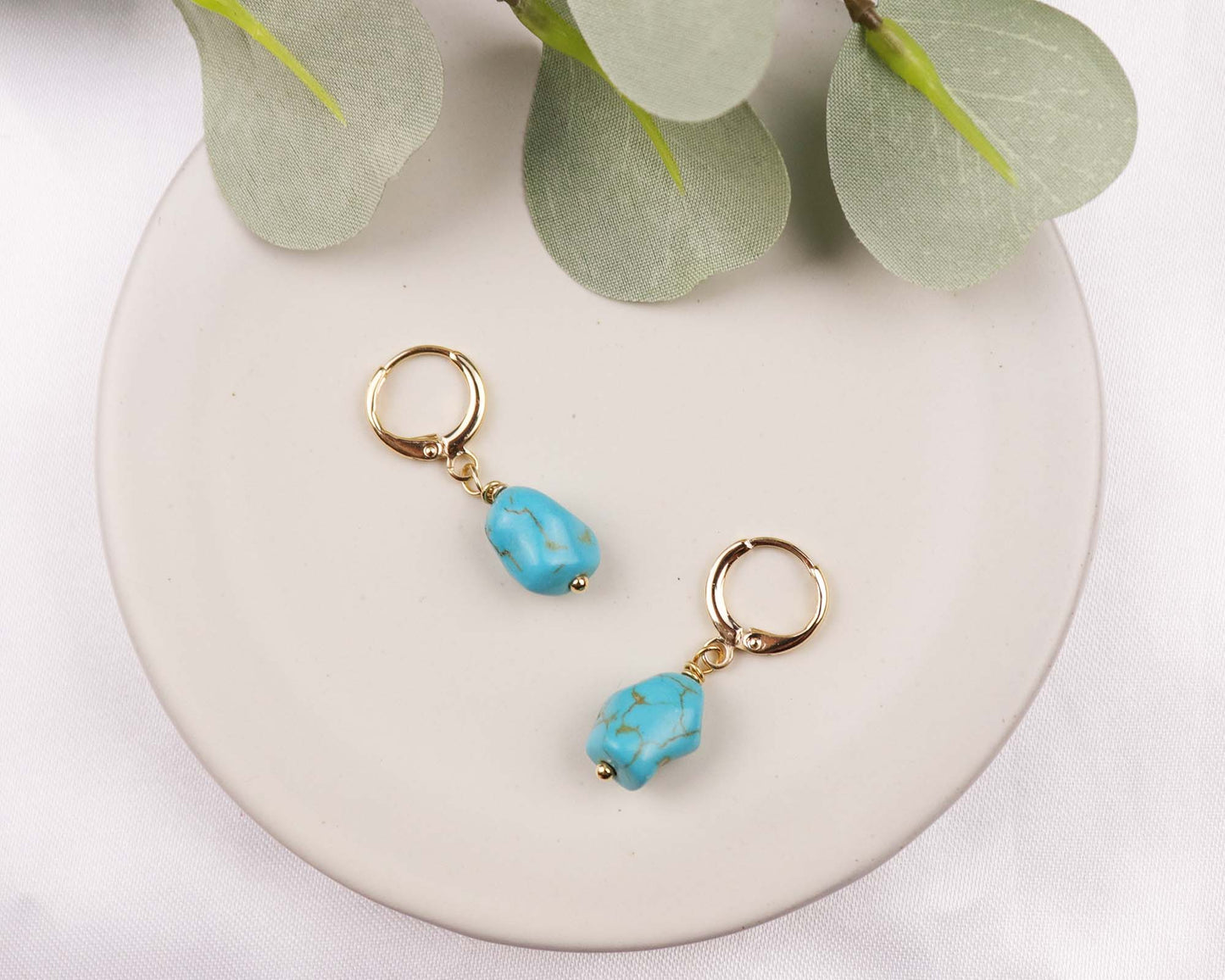 Blue Turquoise Stone Beaded Earrings, Dangle Drop Earrings, Hoop Earrings