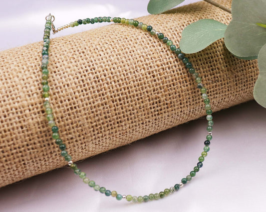 Moss Agate 3mm Round Beaded Choker, Bracelet, Natural Green Gemstones