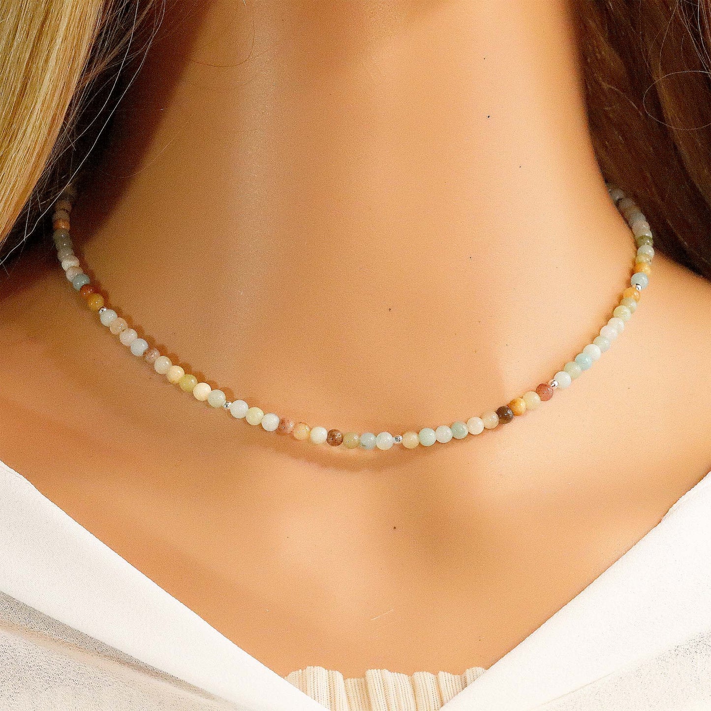 Amazonite 3mm Round Beaded Choker, Bracelet, Natural Gemstones