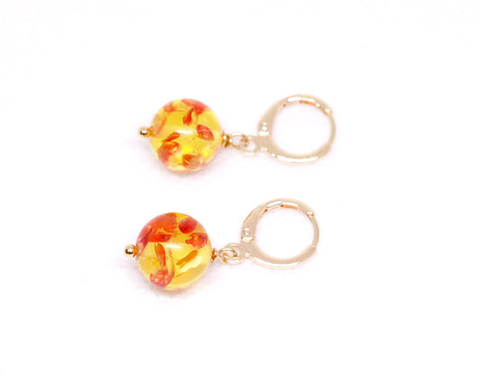 Sparkling Amber 10mm Round Bead Drop Dangle Earrings, Natural Gemstones Gold Beads, Handmade Earrings, Daily Wearing