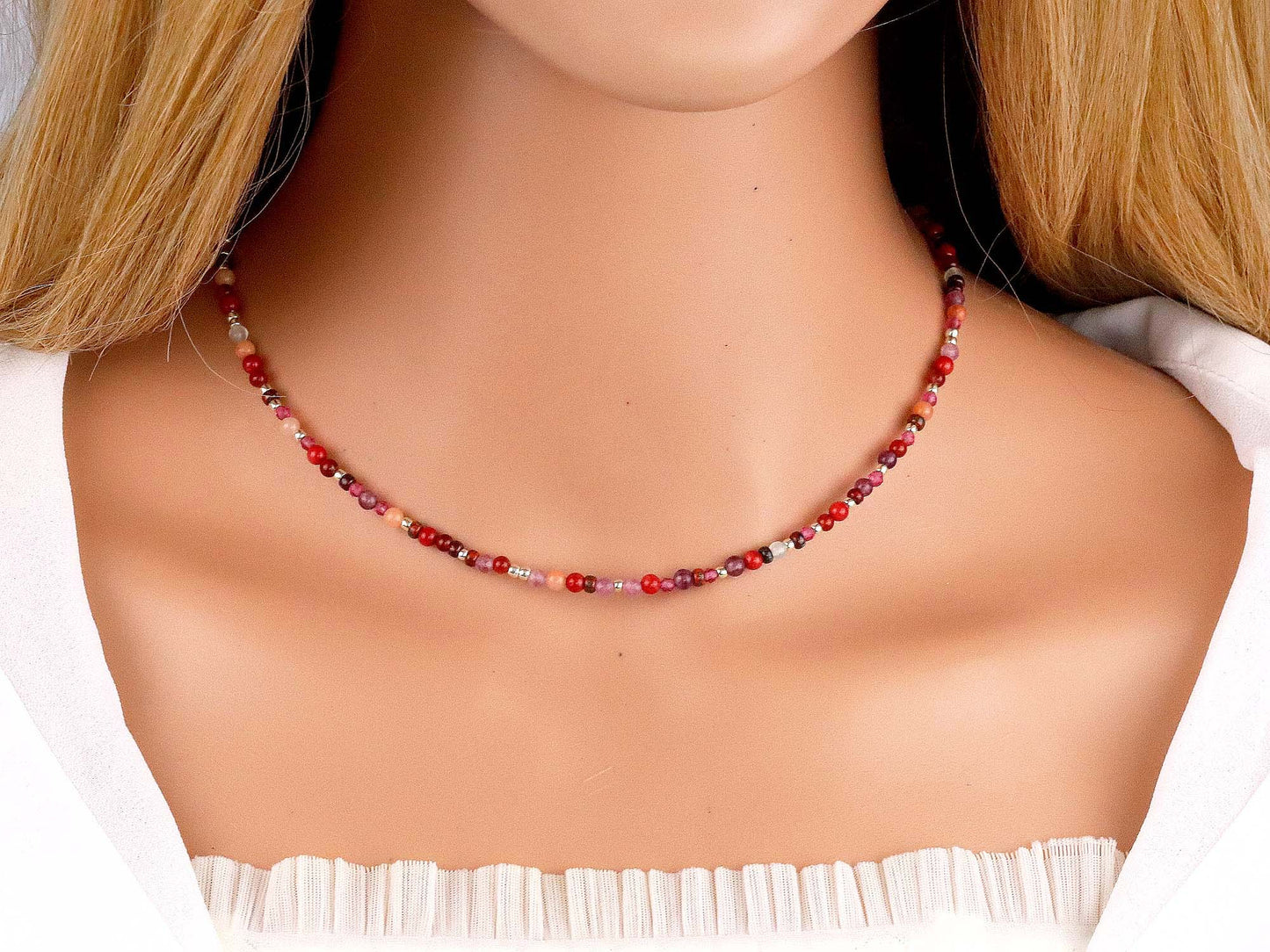 Red Mixed Gemstones 3mm Beaded Choker, Bracelet, Natural Gemstones