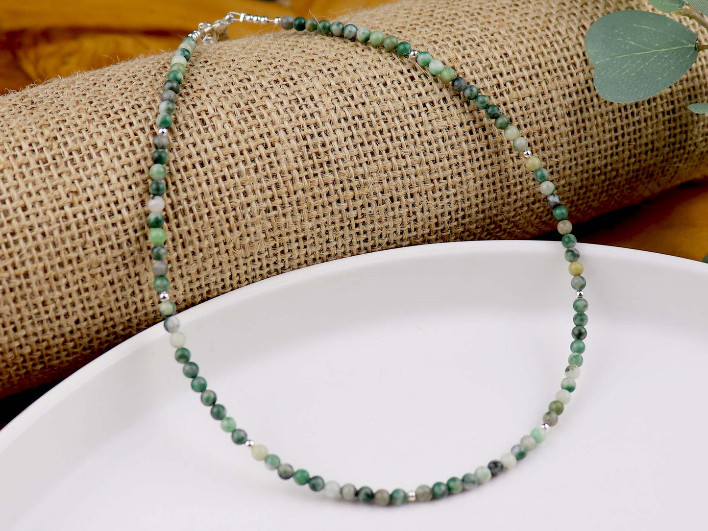 Green Jade 3mm Round Beaded Choker, Bracelet, Natural Gemstones