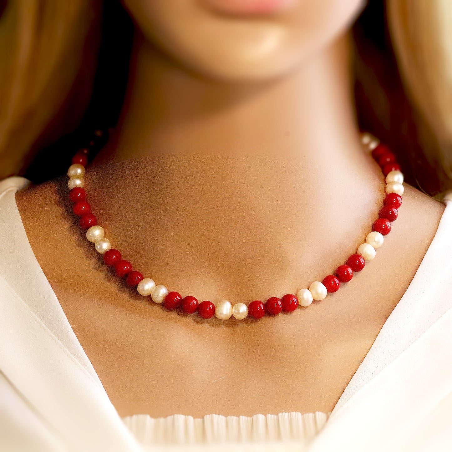 Red Coral and White Pearl 6mm Beaded Necklace