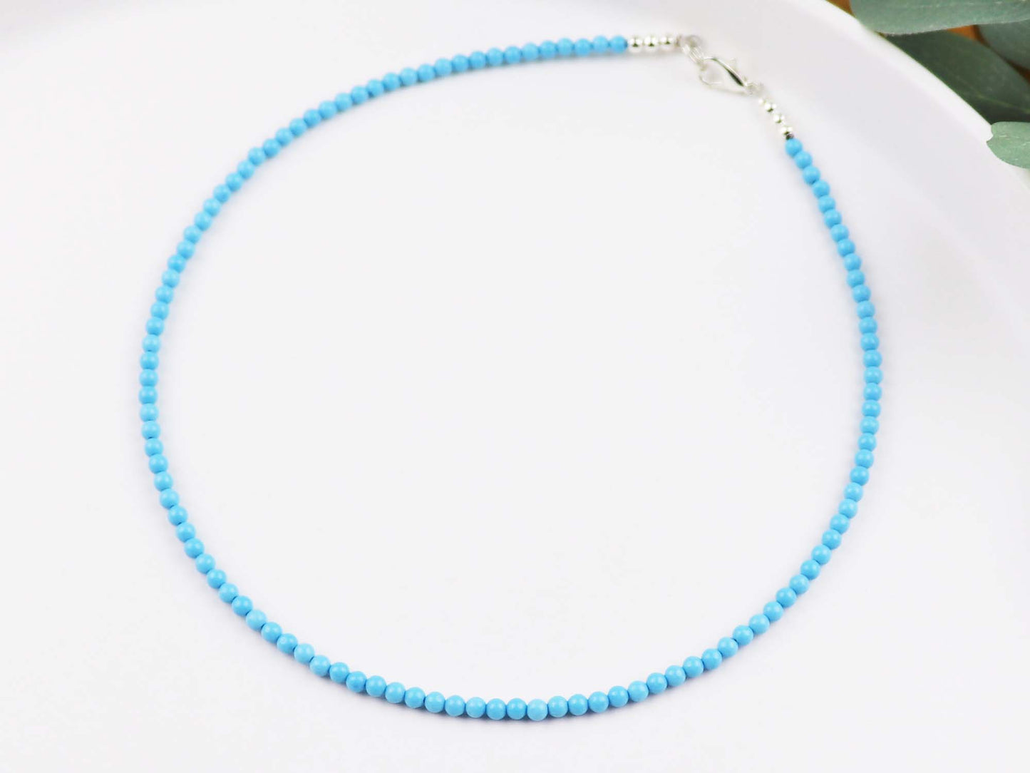 Blue Turquoise 3mm Round Beaded Choker, Bracelet, Natural Gemstones