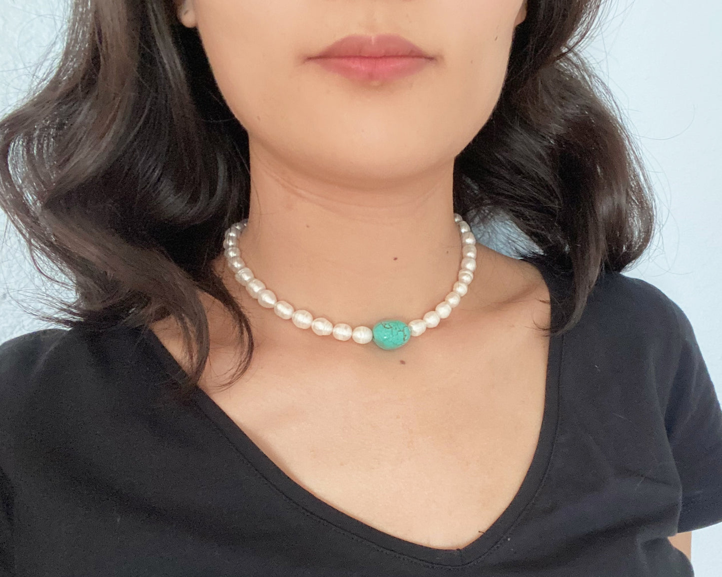 White Freshwater 8mm Pearls with Natural Blue Turquoise Stone Necklace, Real Pearl, Genuine Gemstones