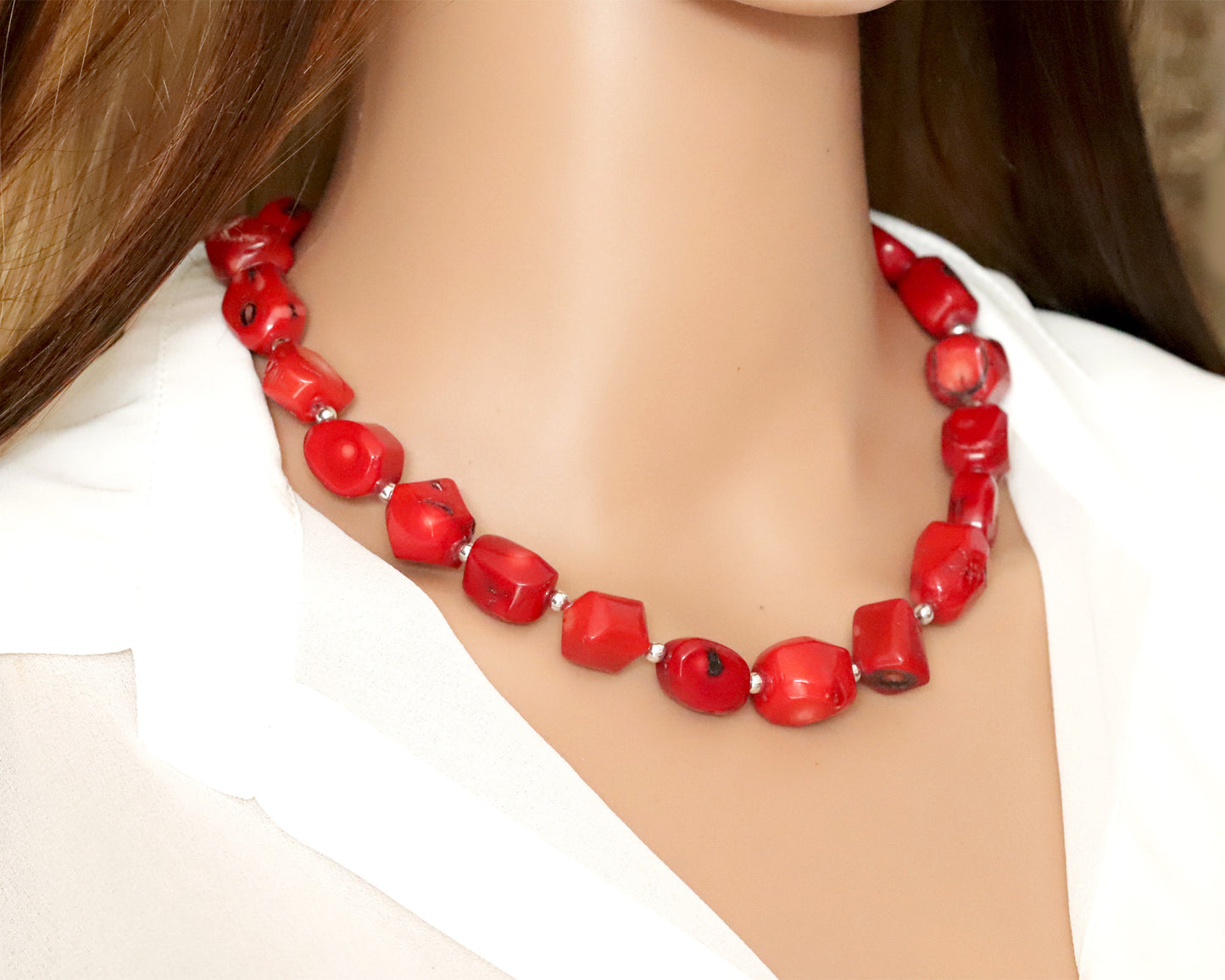 Red Coral Large Beaded Necklace, Bracelet, Natural Gemstones, Handmade Necklace