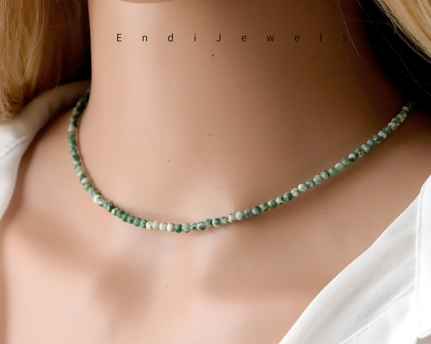 Green Spots 3mm Round Beaded Choker, Bracelet, Natural Gemstones