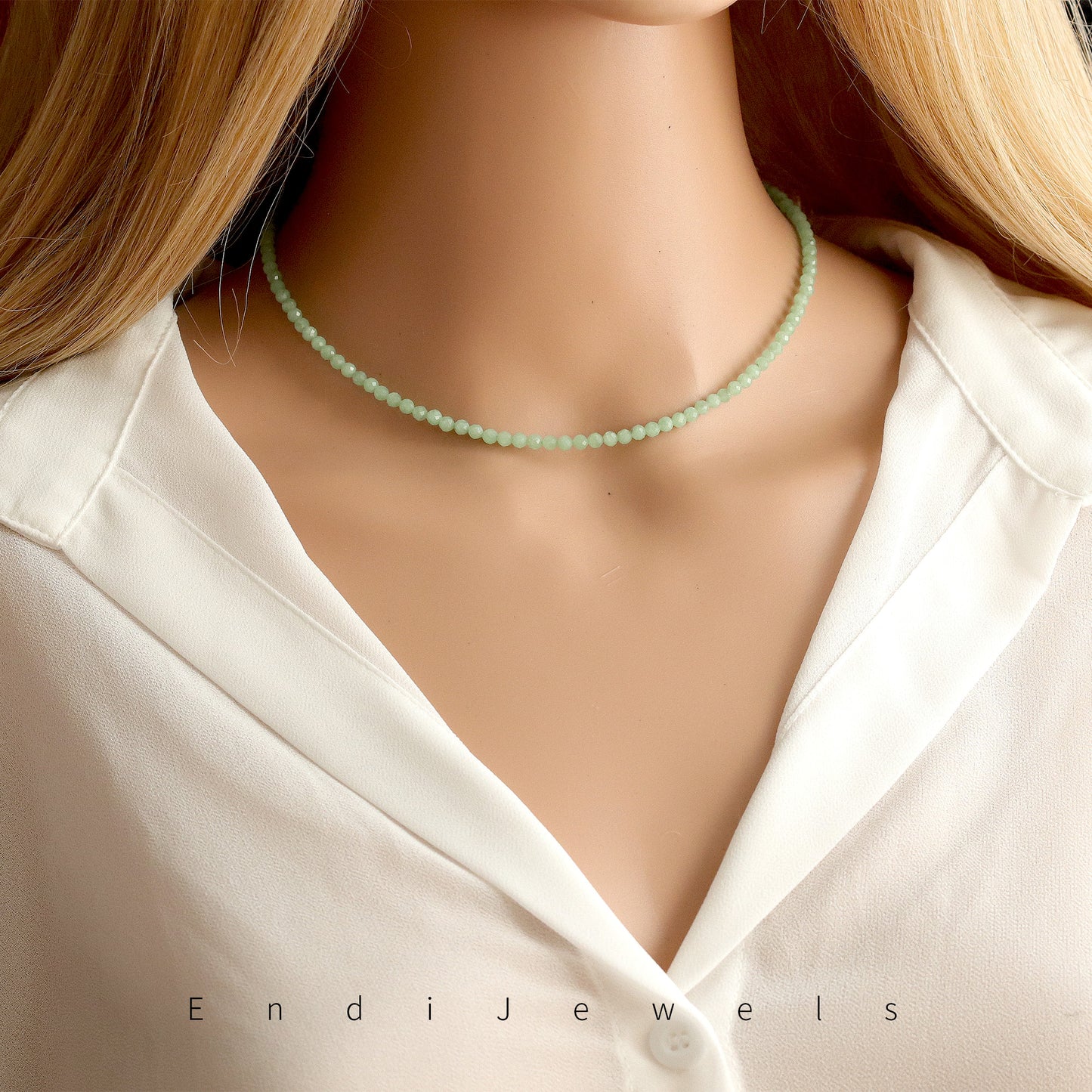 Green Aventurine 3mm Faceted Beaded Choker, Bracelet, Natural Gemstones