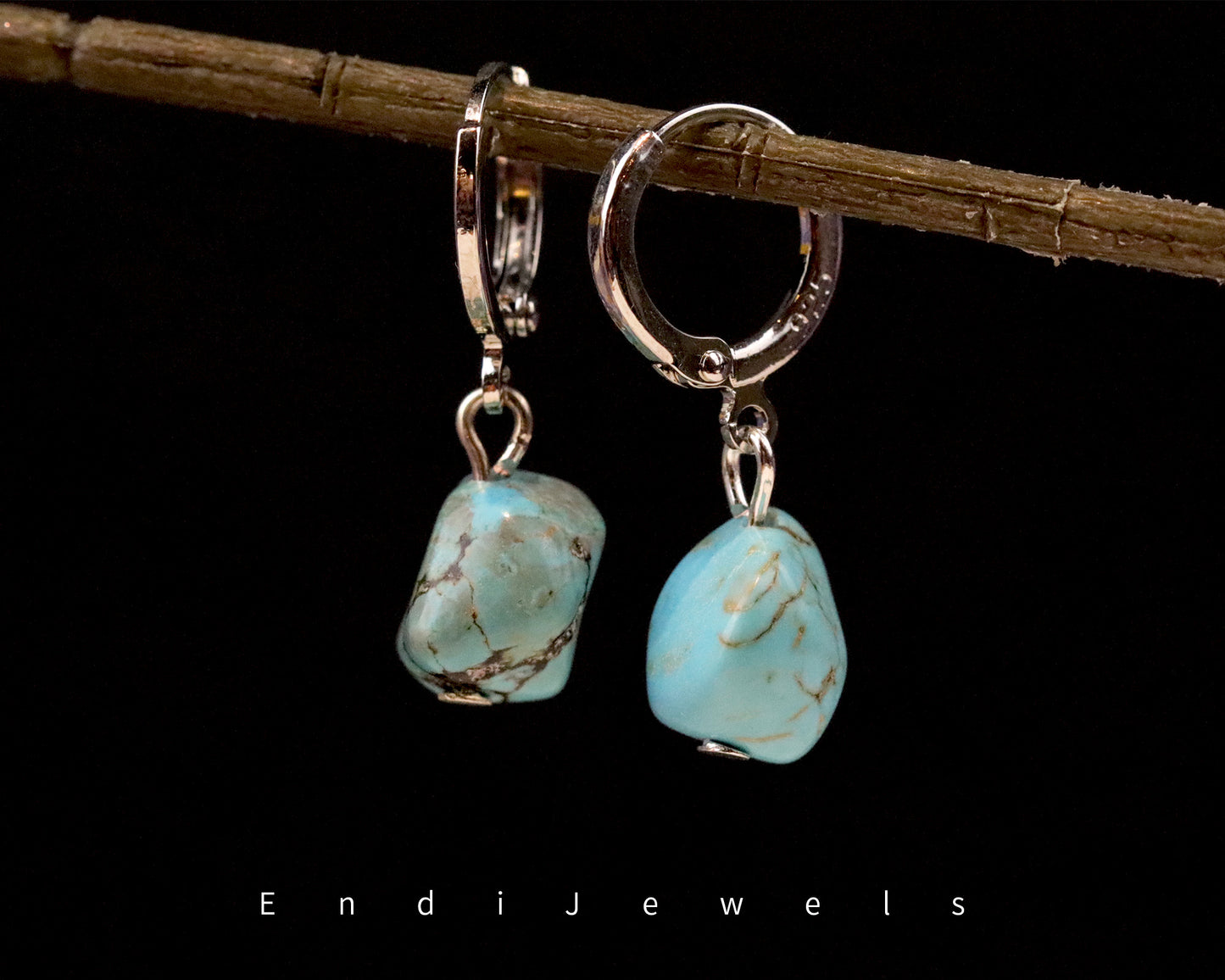 Blue Irregular Turquoise Stone Earrings, Natural Gemstone Drop Earrings