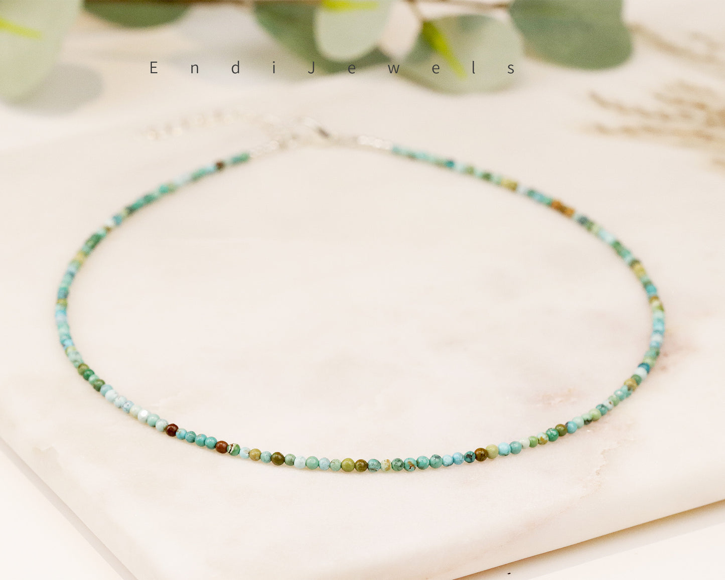 Hubei Turquoise 2mm Round Beaded Choker, Natural Gemstones