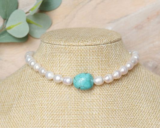 White Freshwater 8mm Pearls with Natural Blue Turquoise Stone Necklace, Real Pearl, Genuine Gemstones