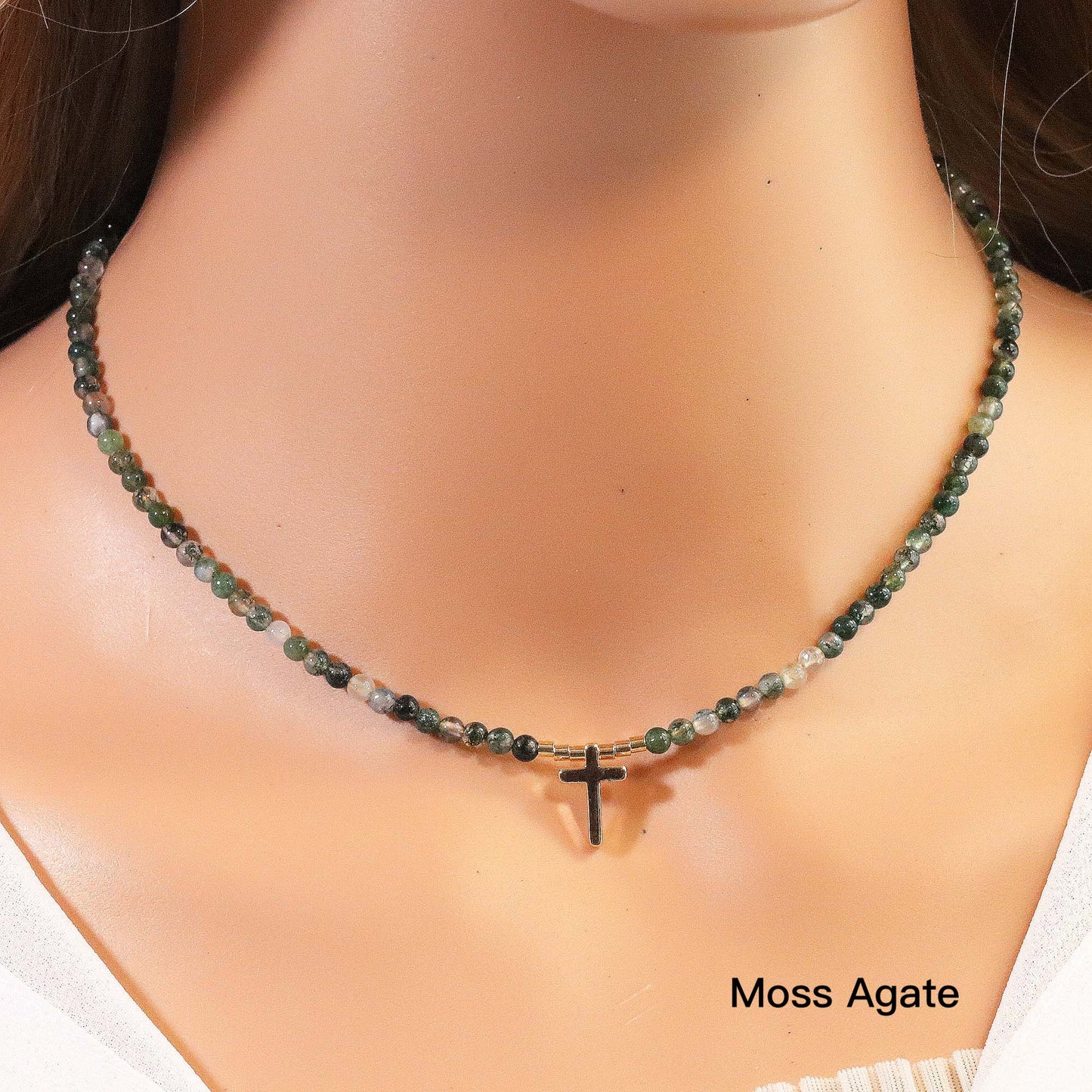 Natural Gemstone Beaded Choker with Cross Pendant, 3mm Beads, Moss Agate, Indian Jasper, Lapis Lazuli, Tiger's Eye